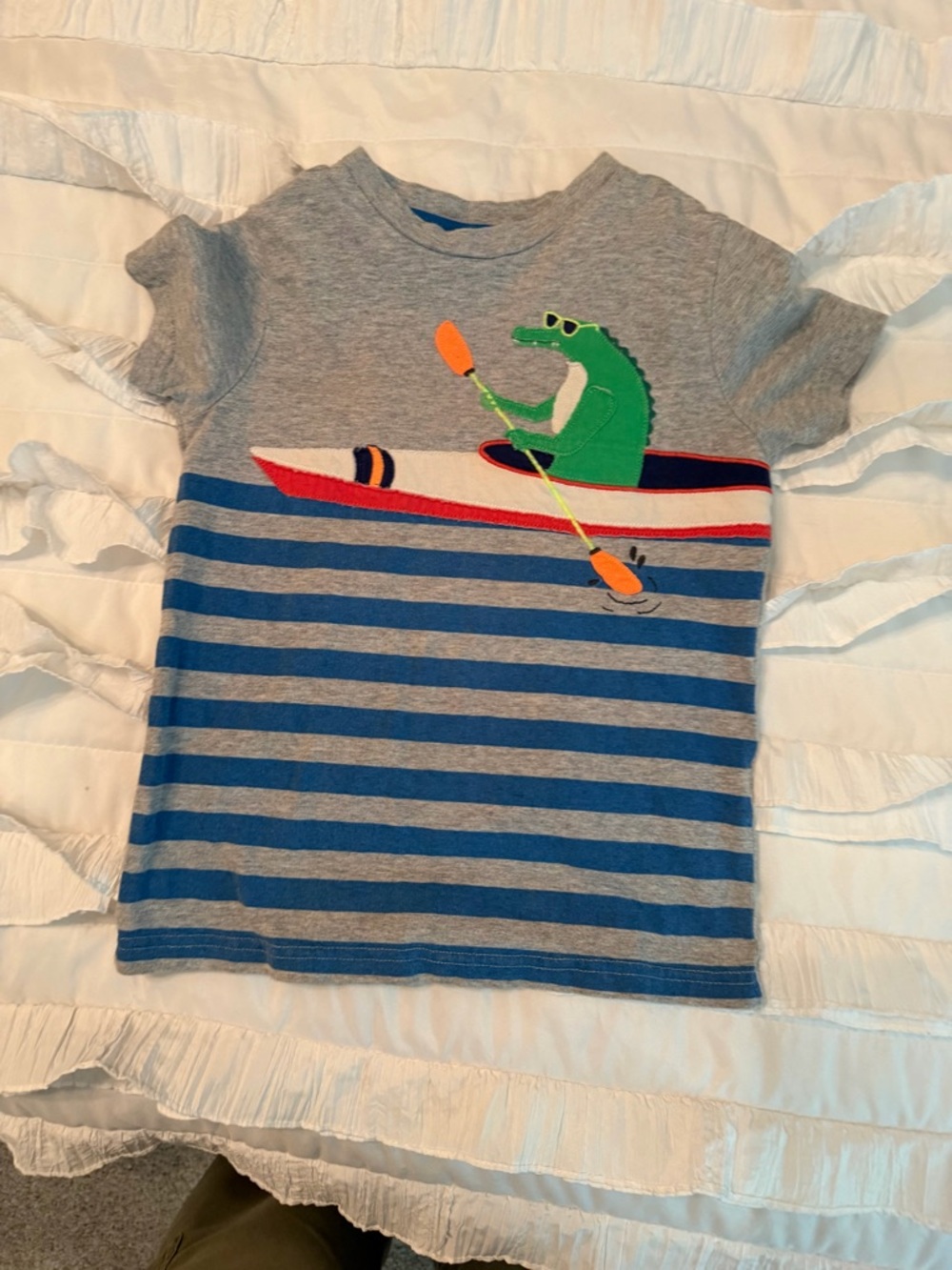 Mini Boden Grey & Blue Striped Tee with Green Crocodile Kayak Graphic